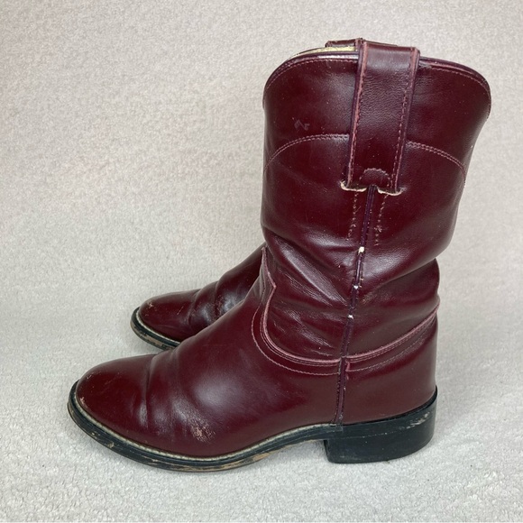 Justin Western Leather Cowboy Roper Boots-Kids 1-Oxblood/Maroon/Burgundy-Classic - Picture 2 of 11
